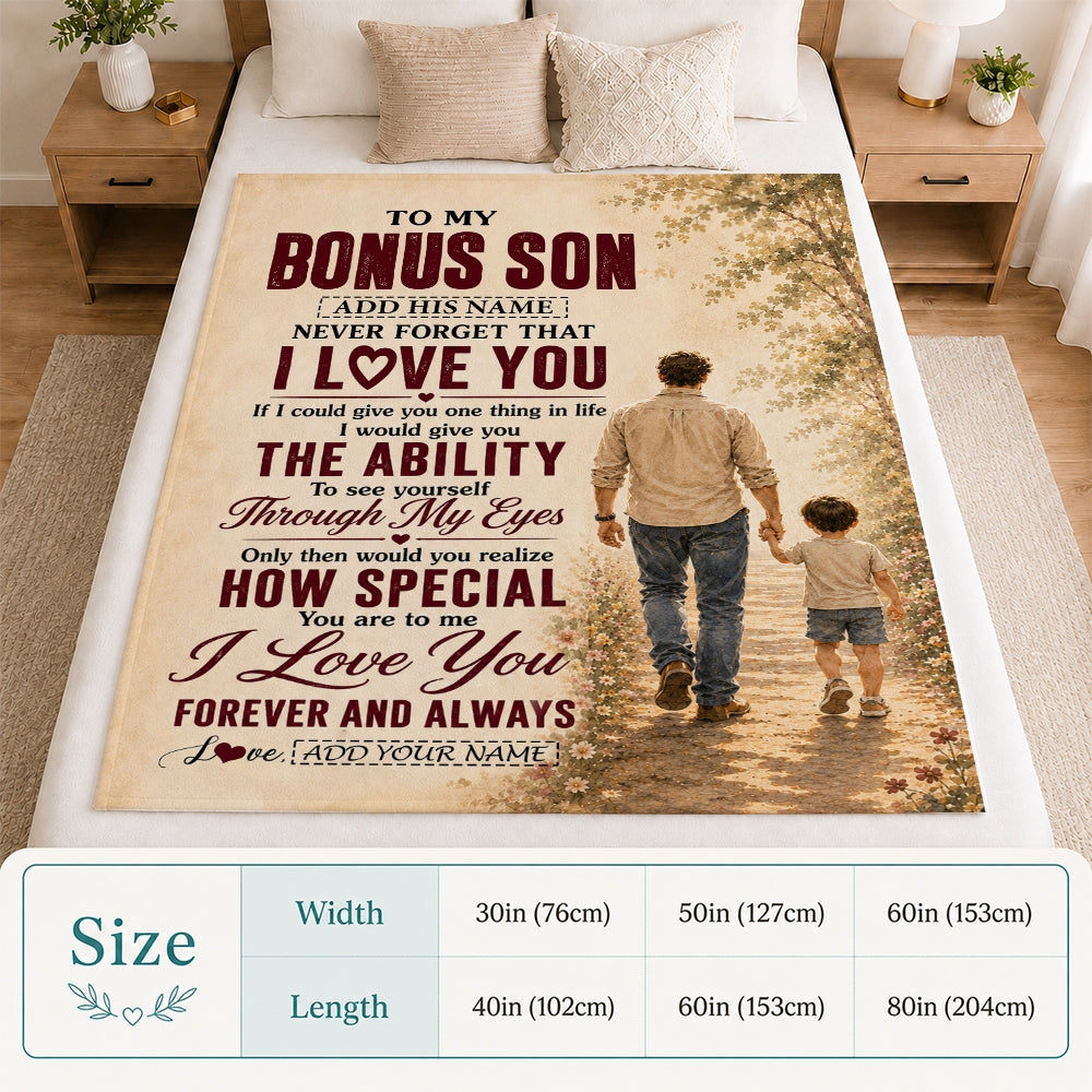 Personalized To My Bonus Son Gifts Blanket From Stepdad Stepson Holding Hands Letter Birthday Gift Graduation Christmas Customized Fleece Throw Blanket | teecentury