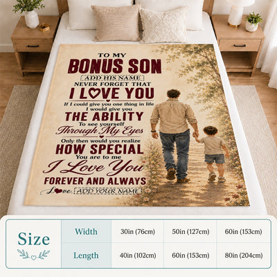 Personalized To My Bonus Son Gifts Blanket From Stepdad Stepson Holding Hands Letter Birthday Gift Graduation Christmas Customized Fleece Throw Blanket | teecentury