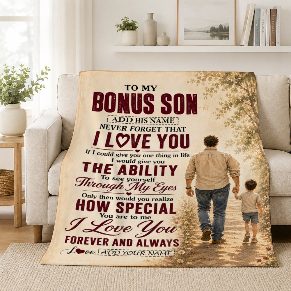 Personalized To My Bonus Son Gifts Blanket From Stepdad Stepson Holding Hands Letter Birthday Gift Graduation Christmas Customized Fleece Throw Blanket | teecentury