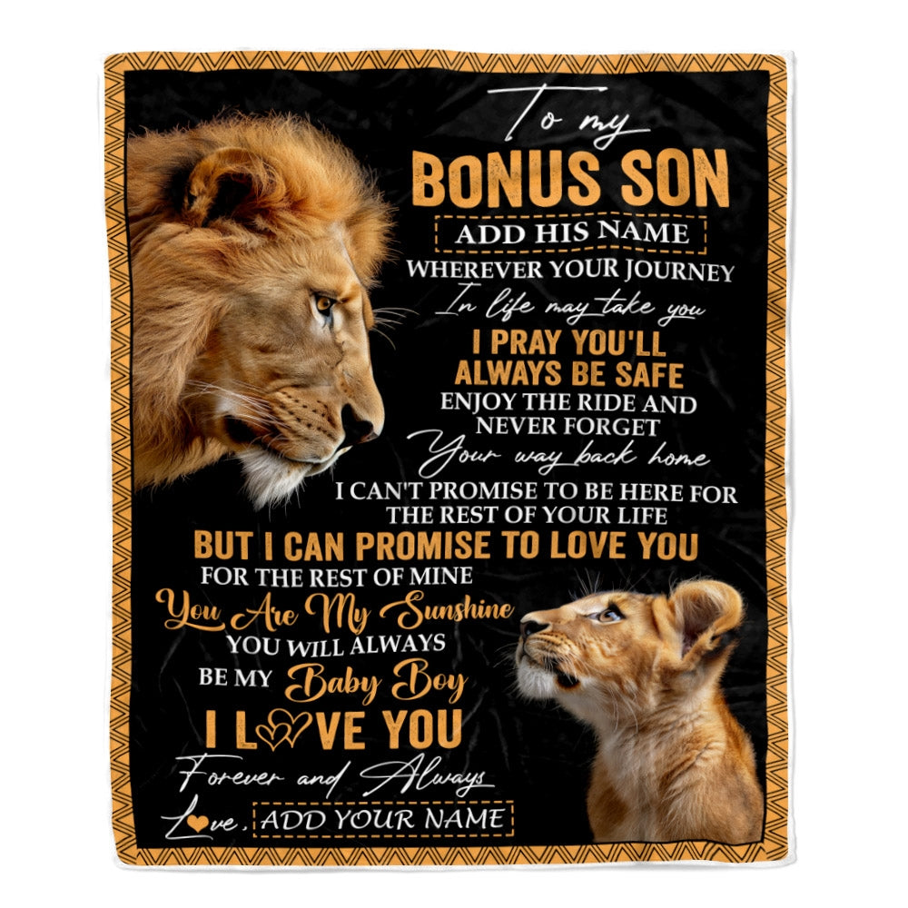 Personalized To My Bonus Son Gifts Blanket From Stepdad Wherever Your Journey In Life Lion StepSon Birthday Gifts Christmas Customized Fleece Blanket | teecentury