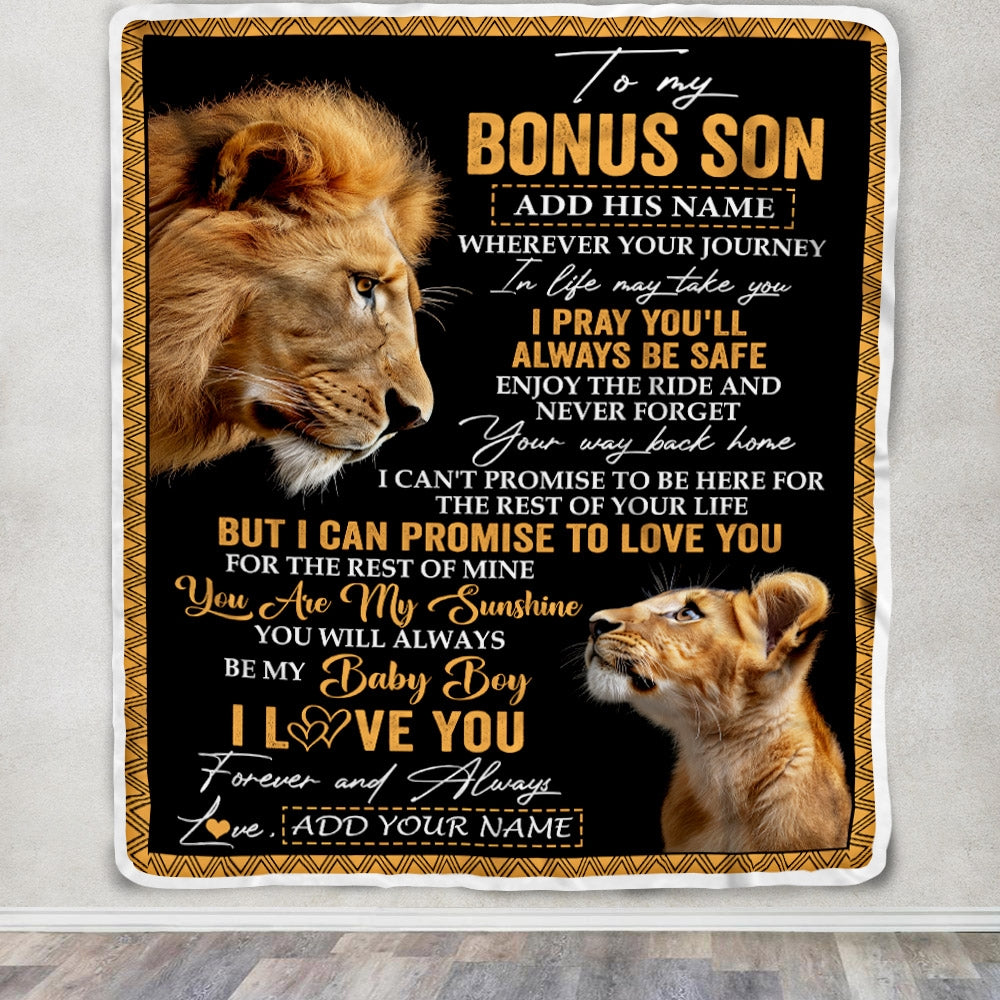 Personalized To My Bonus Son Gifts Blanket From Stepdad Wherever Your Journey In Life Lion StepSon Birthday Gifts Christmas Customized Fleece Blanket | teecentury