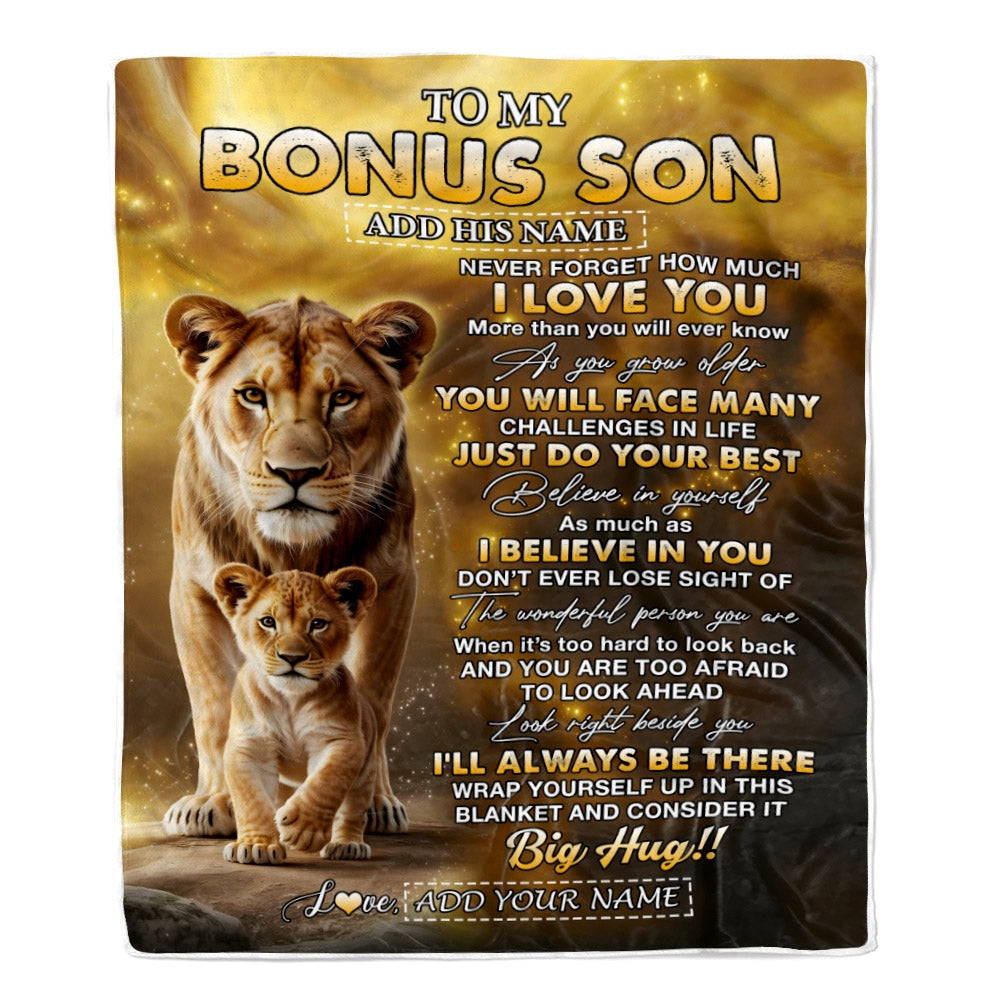 Personalized To My Bonus Son Gifts Blanket From Stepmom Never Forget How Much I Love You Lion StepSon Birthday Gifts Christmas Customized Fleece Blanket | teecentury