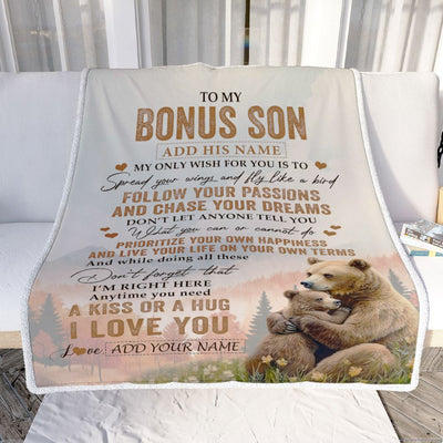 Personalized To My Bonus Son Gifts Blanket From Stepmom Stepdad Bear My Only Wish For You Stepson Birthday Gifts Graduation Christmas Fleece Throw Blanket | teecentury