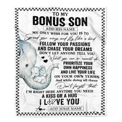 Personalized To My Bonus Son Gifts Blanket From Stepmom Stepdad Elephant My Only Wish For You Stepson Birthday Gifts Graduation Christmas Fleece Blanket | teecentury