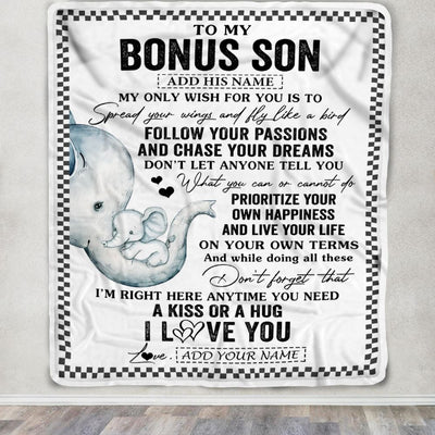 Personalized To My Bonus Son Gifts Blanket From Stepmom Stepdad Elephant My Only Wish For You Stepson Birthday Gifts Graduation Christmas Fleece Blanket | teecentury