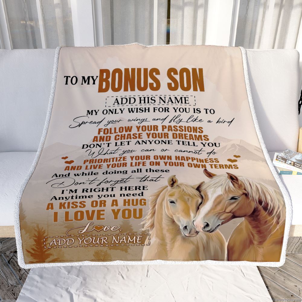 Personalized To My Bonus Son Gifts Blanket From Stepmom Stepdad Horse My Only Wish For You Stepson Birthday Gifts Graduation Christmas Fleece Throw Blanket | teecentury
