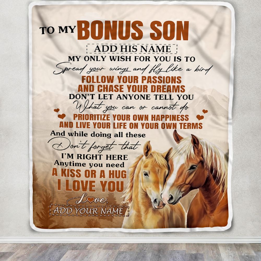 Personalized To My Bonus Son Gifts Blanket From Stepmom Stepdad Horse My Only Wish For You Stepson Birthday Gifts Graduation Christmas Fleece Throw Blanket | teecentury