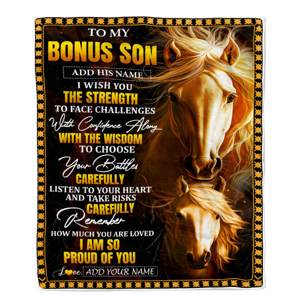 Personalized To My Bonus Son Gifts Blanket From Stepmom Stepdad I Wish You The Strength Horse Stepson Birthday Gifts Christmas Graduation Fleece Blanket | teecentury