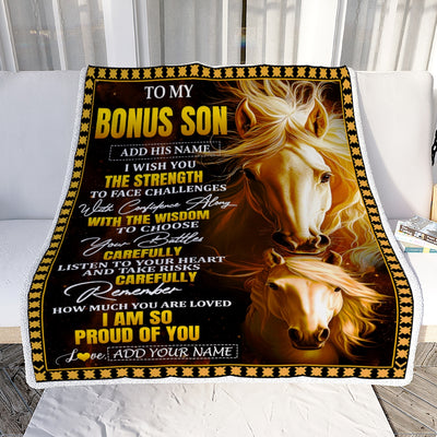 Personalized To My Bonus Son Gifts Blanket From Stepmom Stepdad I Wish You The Strength Horse Stepson Birthday Gifts Christmas Graduation Fleece Blanket | teecentury