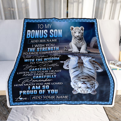 Personalized To My Bonus Son Gifts Blanket From Stepmom Stepdad I Wish You The Strength White Tier Stepson Birthday Gifts Christmas Custom Fleece Blanket | teecentury