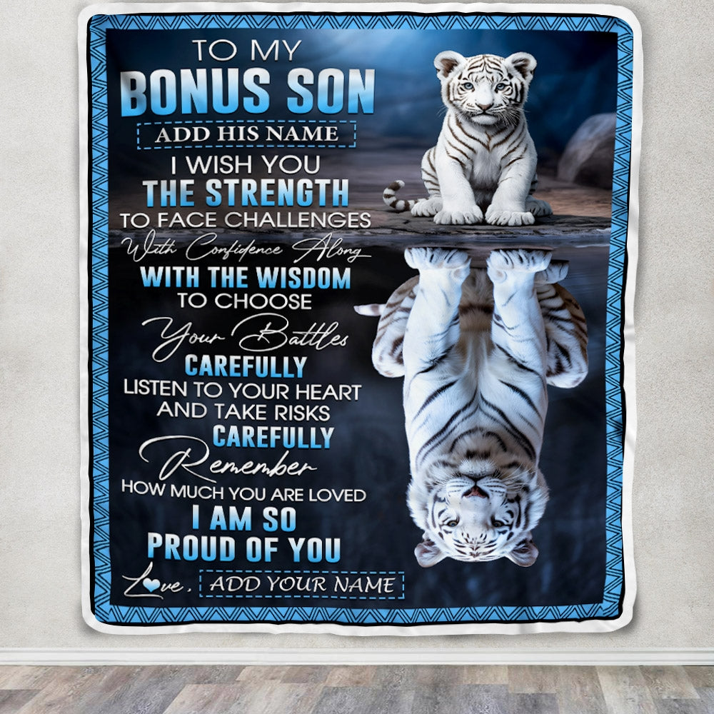 Personalized To My Bonus Son Gifts Blanket From Stepmom Stepdad I Wish You The Strength White Tier Stepson Birthday Gifts Christmas Custom Fleece Blanket | teecentury