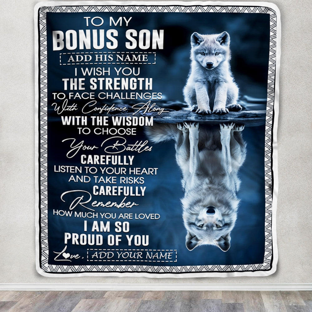 Personalized To My Bonus Son Gifts Blanket From Stepmom Stepdad I Wish You The Strength Wolf Stepson Birthday Gifts Christmas Graduation Fleece Blanket | teecentury