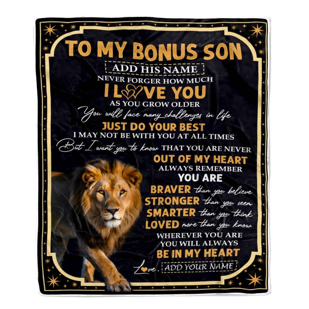 Personalized To My Bonus Son Gifts Blanket From Stepmom Stepdad Inspirational I Love You Lion Stepson Birthday Gifts Graduation Christmas Fleece Throw Blanket | teecentury