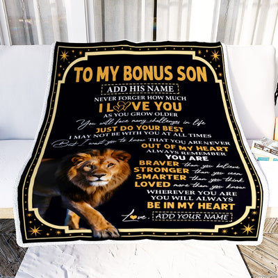 Personalized To My Bonus Son Gifts Blanket From Stepmom Stepdad Inspirational I Love You Lion Stepson Birthday Gifts Graduation Christmas Fleece Throw Blanket | teecentury