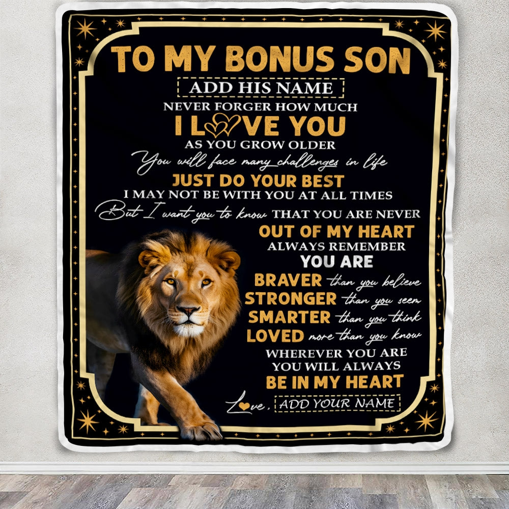 Personalized To My Bonus Son Gifts Blanket From Stepmom Stepdad Inspirational I Love You Lion Stepson Birthday Gifts Graduation Christmas Fleece Throw Blanket | teecentury