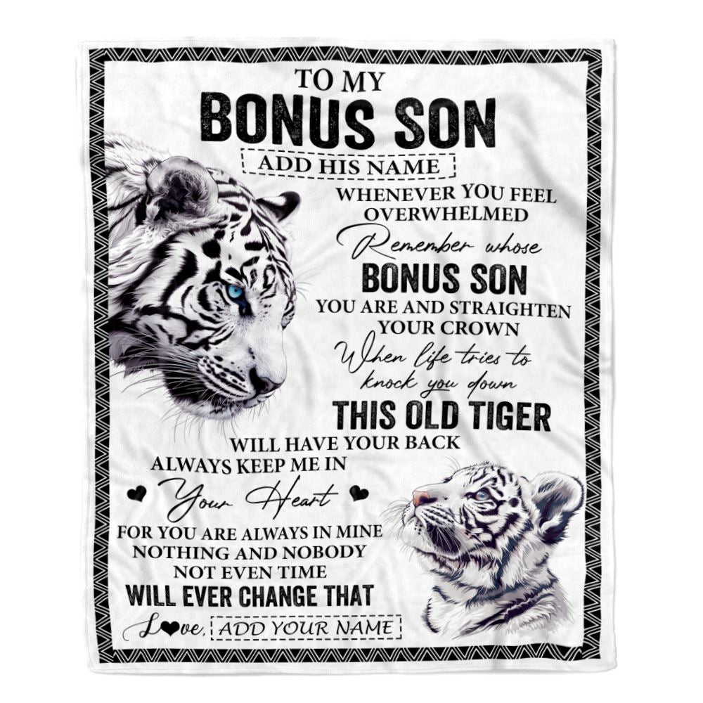 Personalized To My Bonus Son Gifts Blanket From Stepmom Stepdad Whenever White Tiger Unique Birthday Gifts For Stepson Graduation Christmas Fleece Blanket | teecentury