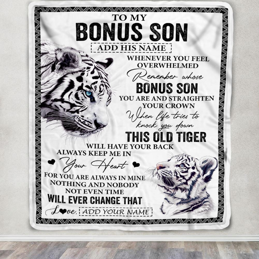Personalized To My Bonus Son Gifts Blanket From Stepmom Stepdad Whenever White Tiger Unique Birthday Gifts For Stepson Graduation Christmas Fleece Blanket | teecentury