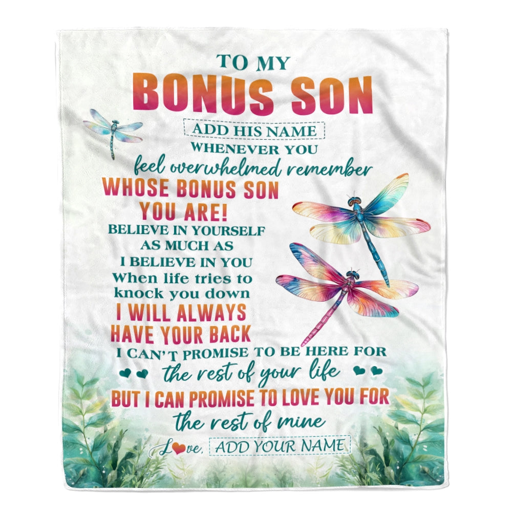Personalized To My Bonus Son Gifts Blanket From Stepmom Stepdad Whenever You Feel Dragonfly Stepson Birthday Gifts Christmas Customized Fleece Blanket | teecentury