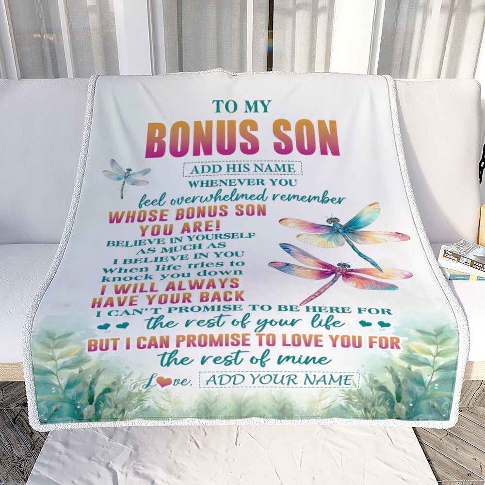 Personalized To My Bonus Son Gifts Blanket From Stepmom Stepdad Whenever You Feel Dragonfly Stepson Birthday Gifts Christmas Customized Fleece Blanket | teecentury
