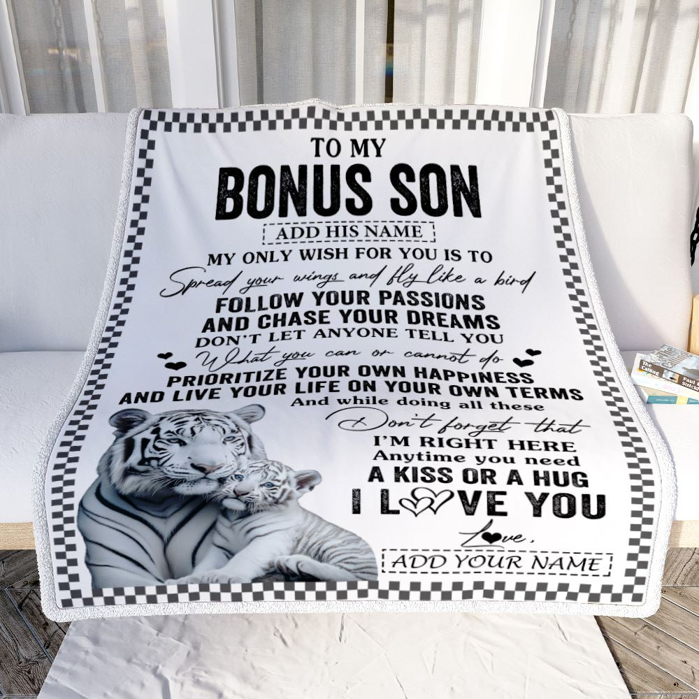 Personalized To My Bonus Son Gifts Blanket From Stepmom Stepdad White Tiger My Only Wish For You Stepson Birthday Gifts Graduation Christmas Fleece Blanket | teecentury