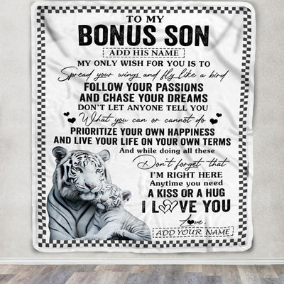 Personalized To My Bonus Son Gifts Blanket From Stepmom Stepdad White Tiger My Only Wish For You Stepson Birthday Gifts Graduation Christmas Fleece Blanket | teecentury