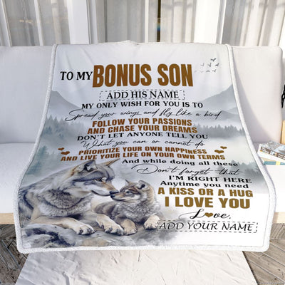 Personalized To My Bonus Son Gifts Blanket From Stepmom Stepdad Wolf My Only Wish For You Stepson Birthday Gifts Graduation Christmas Fleece Throw Blanket | teecentury