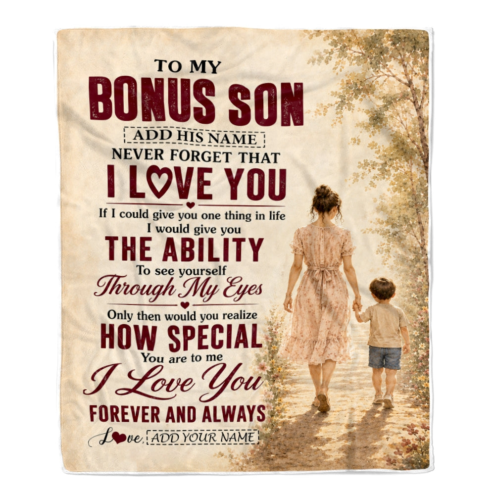 Personalized To My Bonus Son Gifts Blanket From Stepmom Stepson Holding Hands Letter Birthday Gift Graduation Christmas Customized Bed Fleece Throw Blanket | teecentury