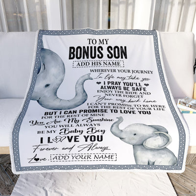 Personalized To My Bonus Son Gifts Blanket From Stepmom Wherever Your Journey In Life Elephant Stepson Birthday Gifts Graduation Customized Fleece Blanket | teecentury