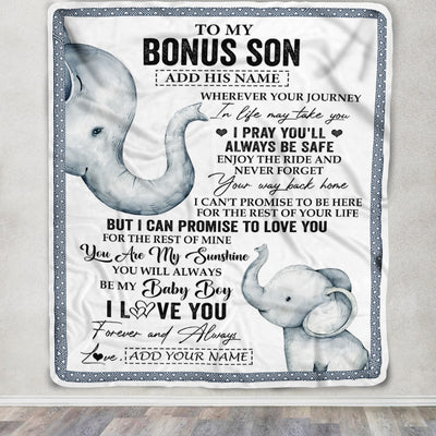 Personalized To My Bonus Son Gifts Blanket From Stepmom Wherever Your Journey In Life Elephant Stepson Birthday Gifts Graduation Customized Fleece Blanket | teecentury