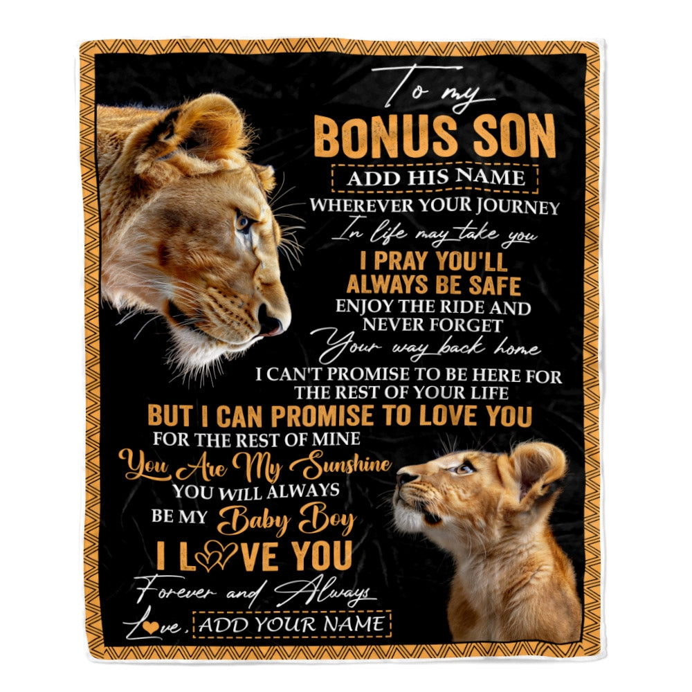Personalized To My Bonus Son Gifts Blanket From Stepmom Wherever Your Journey In Life Lion StepSon Birthday Gifts Christmas Customized Fleece Blanket | teecentury
