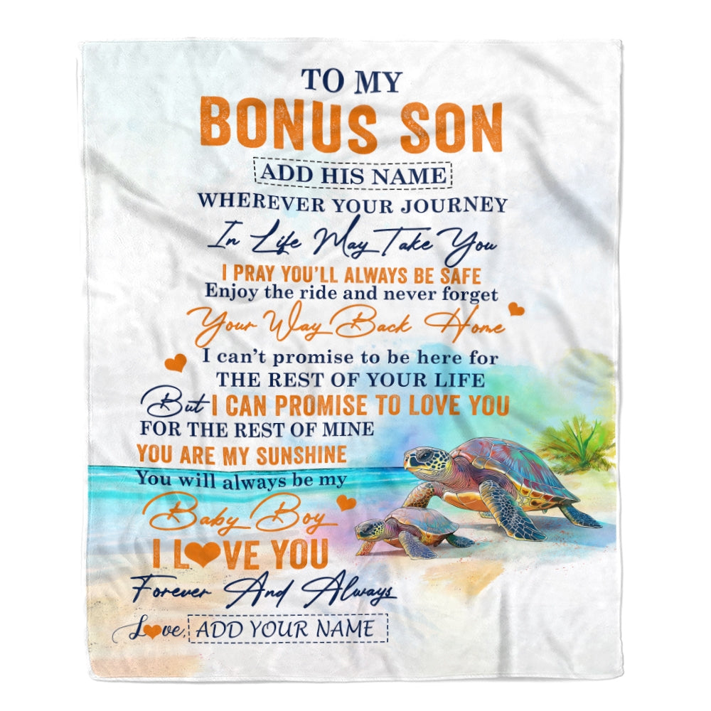 Personalized To My Bonus Son Gifts Blanket From Stepmom Wherever Your Journey In Life Turtle Stepson Birthday Gifts Graduation Customized Fleece Throw Blanket | teecentury