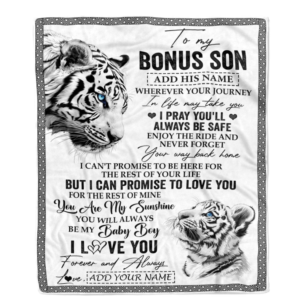 Personalized To My Bonus Son Gifts Blanket From Stepmom Wherever Your Journey In Life White Tier StepSon Birthday Gifts Christmas Custom Fleece Blanket | teecentury