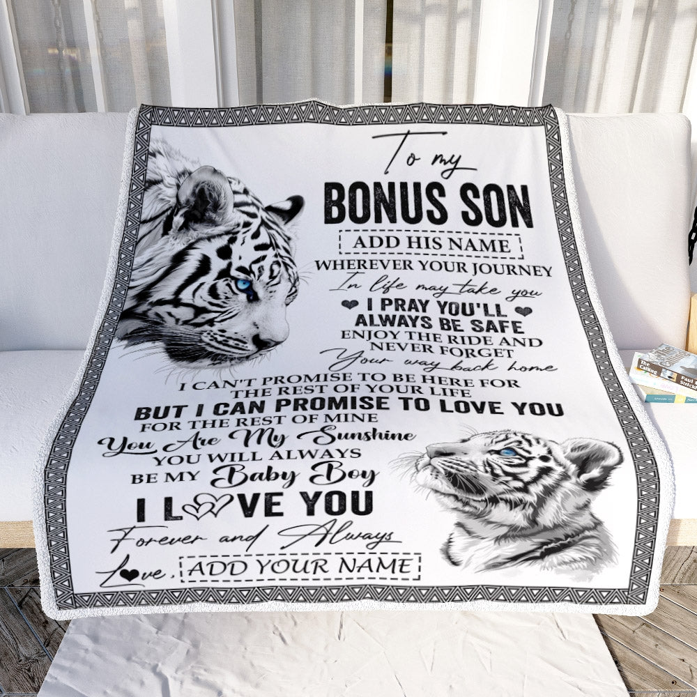 Personalized To My Bonus Son Gifts Blanket From Stepmom Wherever Your Journey In Life White Tier StepSon Birthday Gifts Christmas Custom Fleece Blanket | teecentury