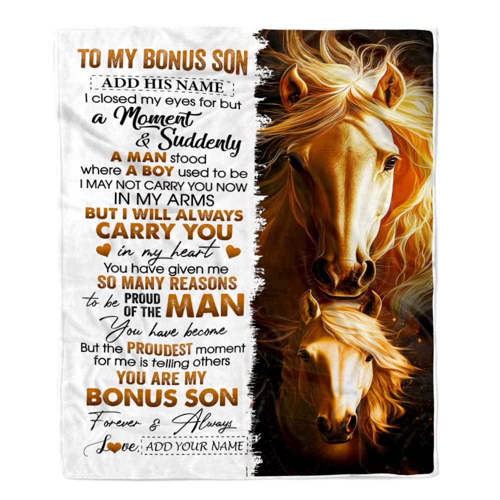 Personalized To My Bonus Son Gifts Blanket From Stepmother Stepdad I Close My Eyes Horse Stepson Birthday Gifts Graduation Christmas Fleece Throw Blanket | teecentury