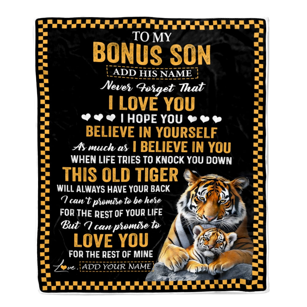 Personalized To My Bonus Son Gifts Blanket From Stepmother Stepdad This Old Tiger Love You Stepson Birthday Gifts Graduation Christmas Custom Fleece Blanket | teecentury