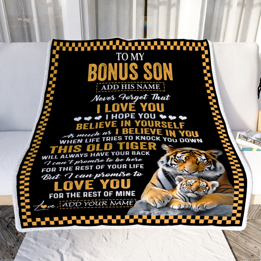 Personalized To My Bonus Son Gifts Blanket From Stepmother Stepdad This Old Tiger Love You Stepson Birthday Gifts Graduation Christmas Custom Fleece Blanket | teecentury