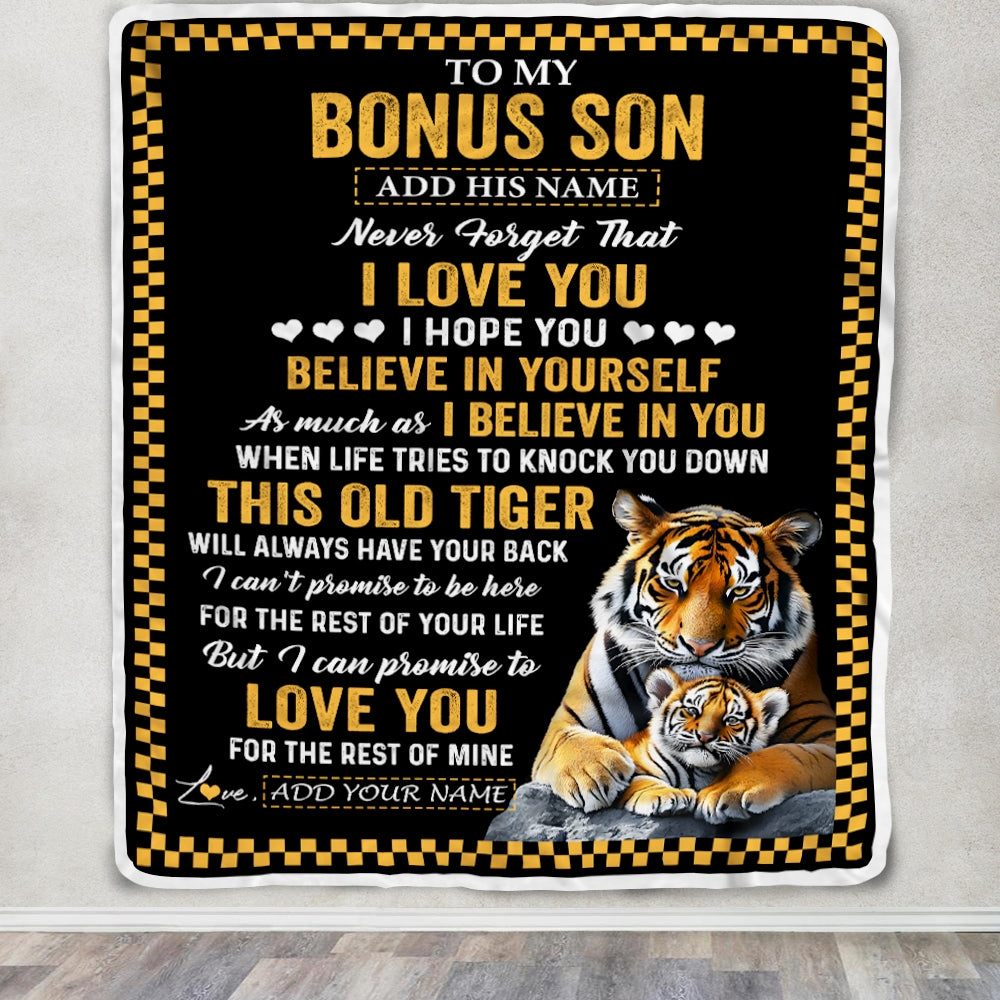 Personalized To My Bonus Son Gifts Blanket From Stepmother Stepdad This Old Tiger Love You Stepson Birthday Gifts Graduation Christmas Custom Fleece Blanket | teecentury