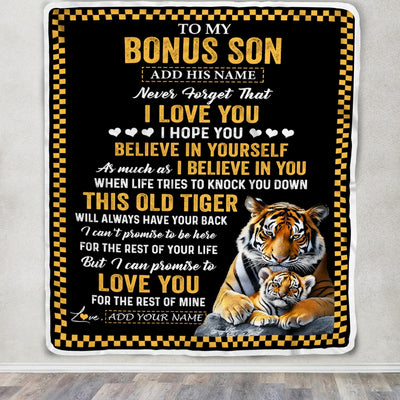 Personalized To My Bonus Son Gifts Blanket From Stepmother Stepdad This Old Tiger Love You Stepson Birthday Gifts Graduation Christmas Custom Fleece Blanket | teecentury