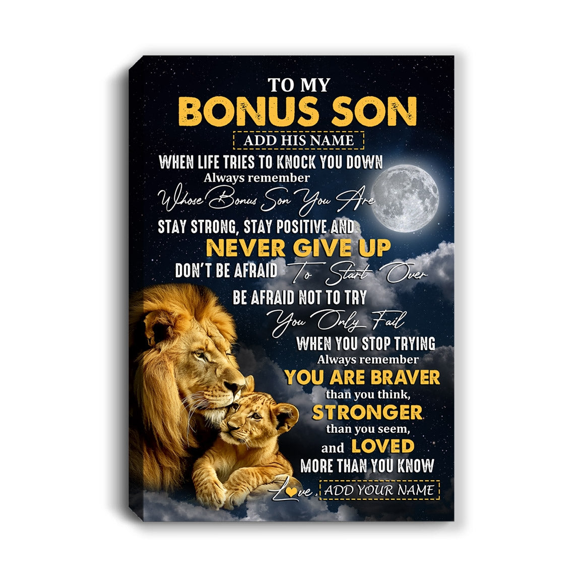 Personalized To My Bonus Son Gifts Canvas From Stepdad Stepmother Lion Never Give Up Stepson Birthday Gifts Graduation Christmas Custom Wall Art Print Framed Canvas | teecentury