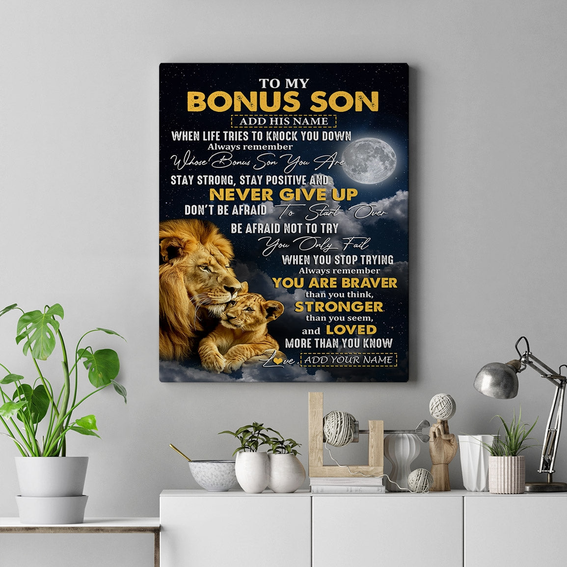 Personalized To My Bonus Son Gifts Canvas From Stepdad Stepmother Lion Never Give Up Stepson Birthday Gifts Graduation Christmas Custom Wall Art Print Framed Canvas | teecentury