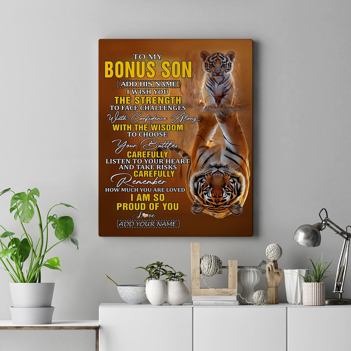 Personalized To My Bonus Son Gifts Canvas From Stepfather Stepmom I Wish You The Strength Tiger Stepson Birthday Gifts Christmas Graduation Custom Art Framed Canvas | teecentury