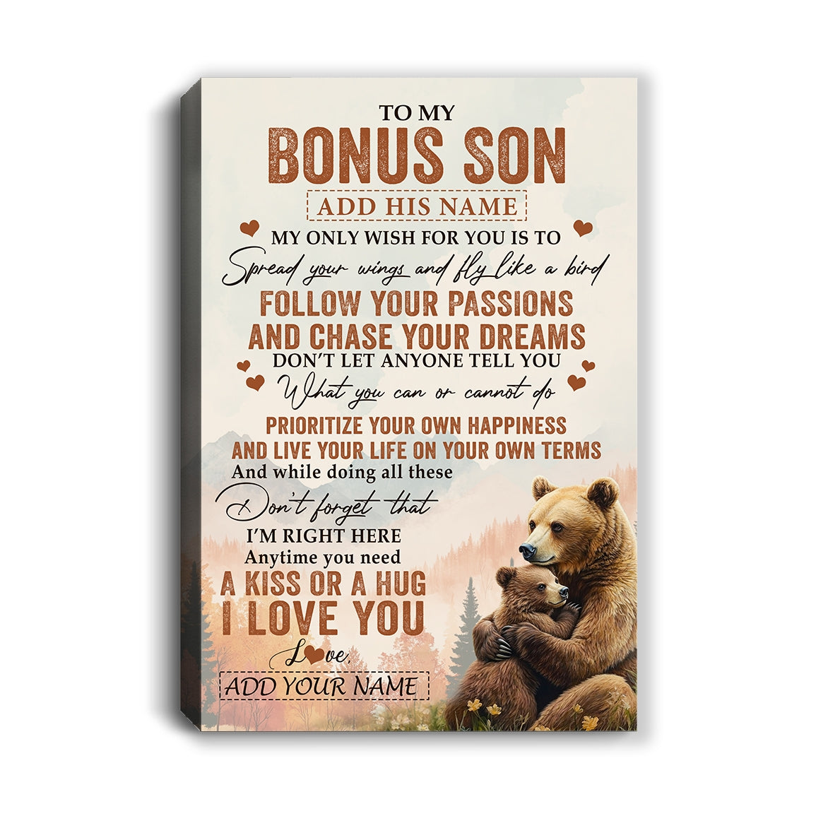 Personalized To My Bonus Son Gifts Canvas From Stepmom Stepdad Bear My Only Wish For You Stepson Birthday Gifts Graduation Christmas Custom Art Print Framed Canvas | teecentury