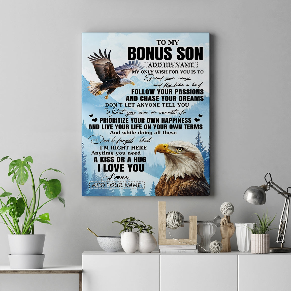 Personalized To My Bonus Son Gifts Canvas From Stepmom Stepdad Eagle My Only Wish For You Stepson Birthday Gifts Graduation Christmas Custom Art Print Framed Canvas | teecentury