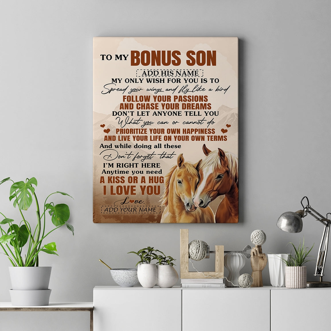 Personalized To My Bonus Son Gifts Canvas From Stepmom Stepdad Horse My Only Wish For You Stepson Birthday Gifts Graduation Christmas Custom Wall Art Framed Canvas | teecentury