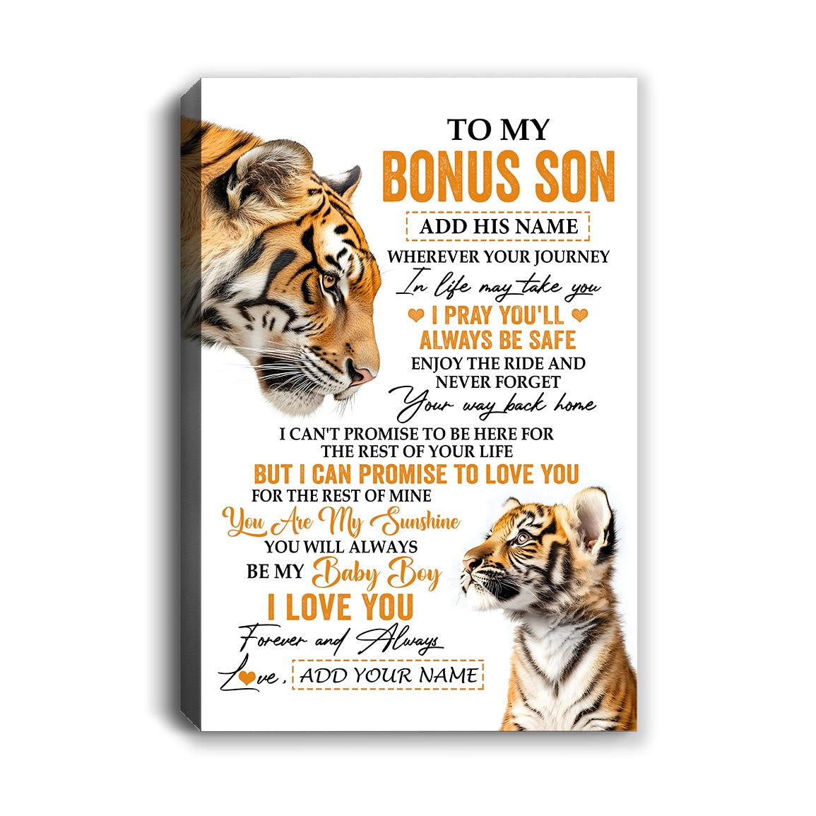 Personalized To My Bonus Son Gifts Canvas From Stepmom Stepdad Wherever Your Journey In Life Tiger Stepson Birthday Gifts Graduation Custom Wall Art Framed Canvas | teecentury