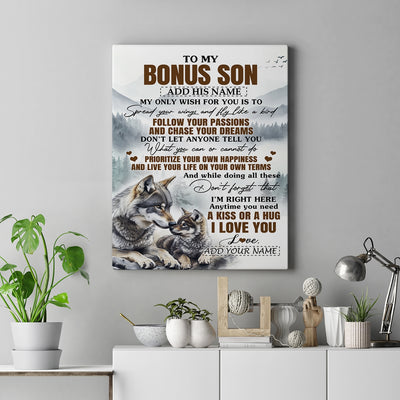 Personalized To My Bonus Son Gifts Canvas From Stepmom Stepdad Wolf My Only Wish For You Stepson Birthday Gifts Graduation Christmas Custom Wall Art Framed Canvas | teecentury
