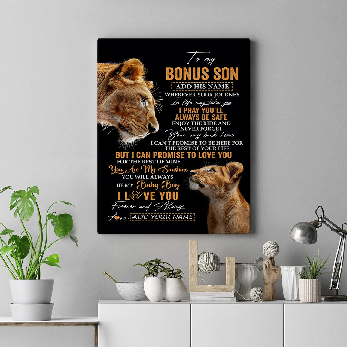 Personalized To My Bonus Son Gifts Canvas From Stepmom Wherever Your Journey In Life Lion StepSon Birthday Gifts Christmas Custom Wall Art Framed Canvas | teecentury