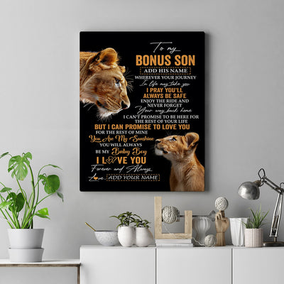 Personalized To My Bonus Son Gifts Canvas From Stepmom Wherever Your Journey In Life Lion StepSon Birthday Gifts Christmas Custom Wall Art Framed Canvas | teecentury