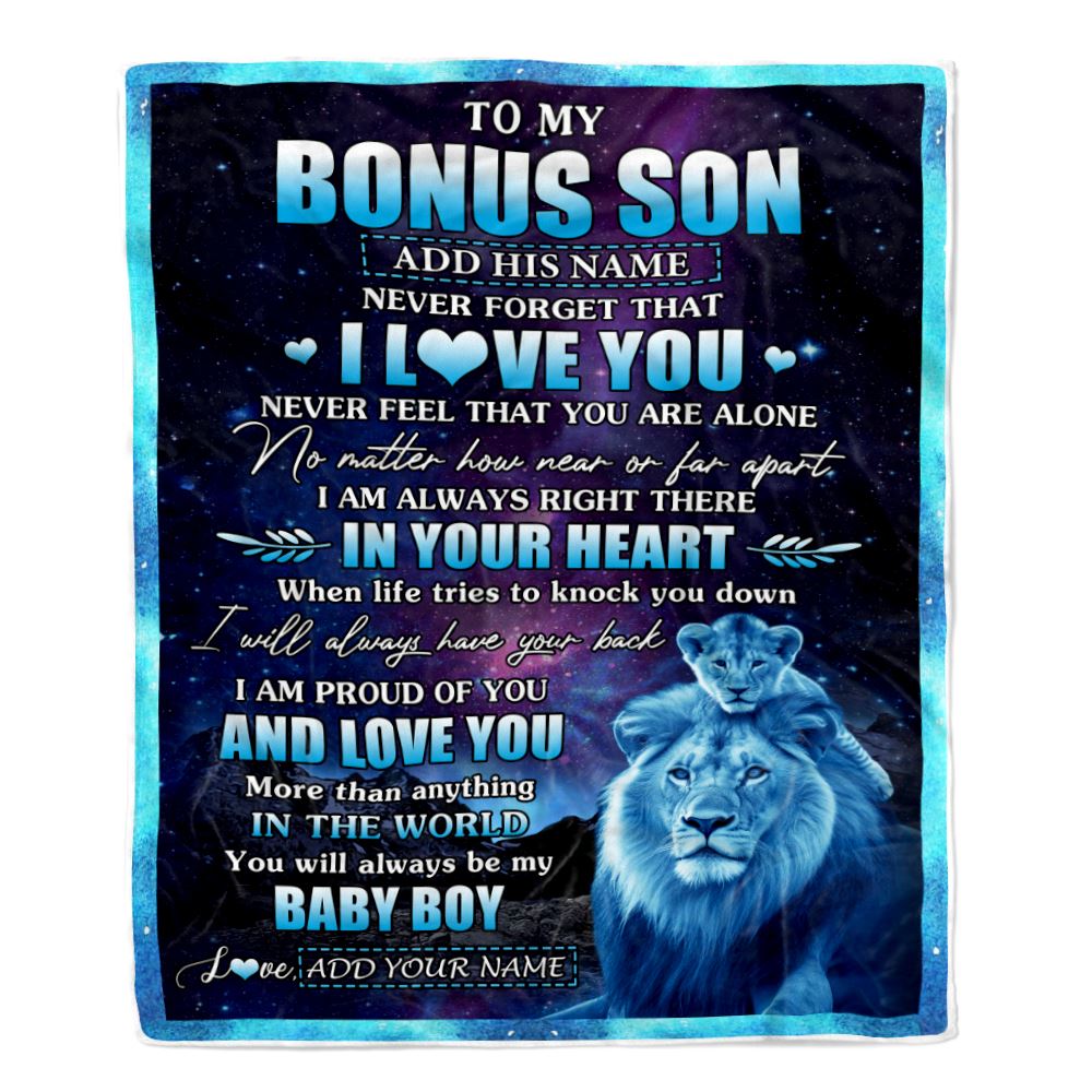 Personalized To My Bonus Son Gifts From Step Dad Blanket I Love You Lion Birthday Gift Ideas For Stepson Graduation Christmas Customized Fleece Blanket | teecentury