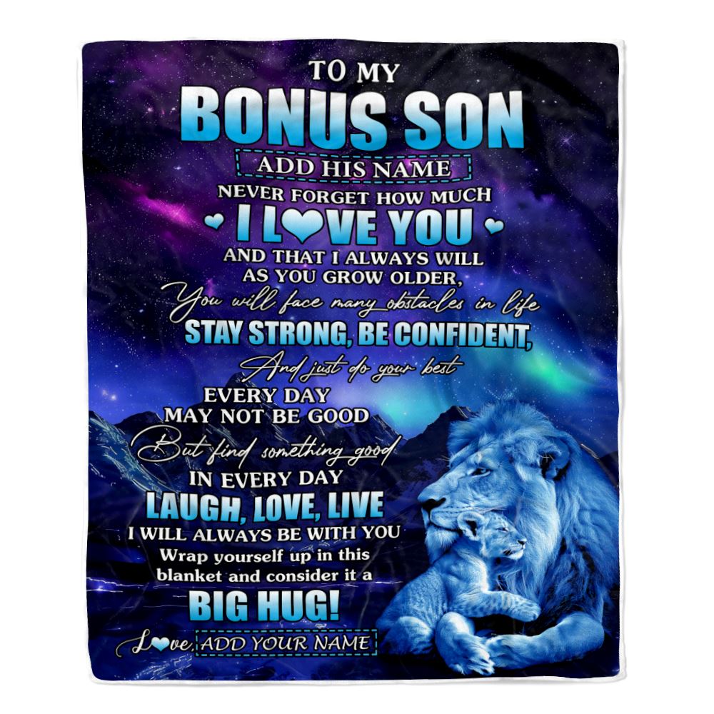 Personalized To My Bonus Son Gifts From Step Dad Blanket Laught Love Live Lion Great Stepson Birthday Gifts Graduation Christmas Customized Fleece Blanket | teecentury